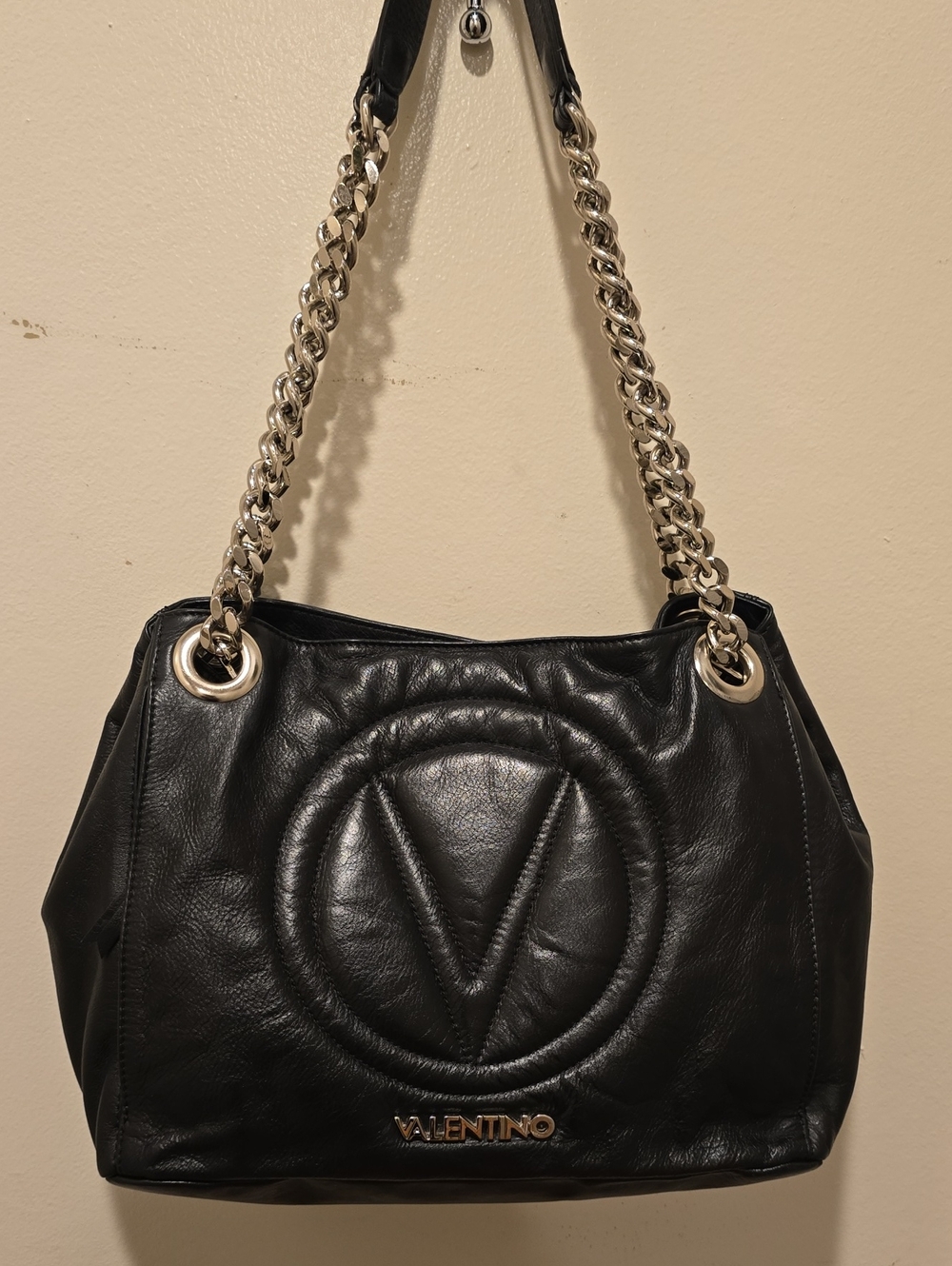 Valentino Black Leather Shoulder Bag with Chain Straps